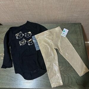 NWT 6-9 months Garanimals Black Cat Print Onesie with Gold Leggings